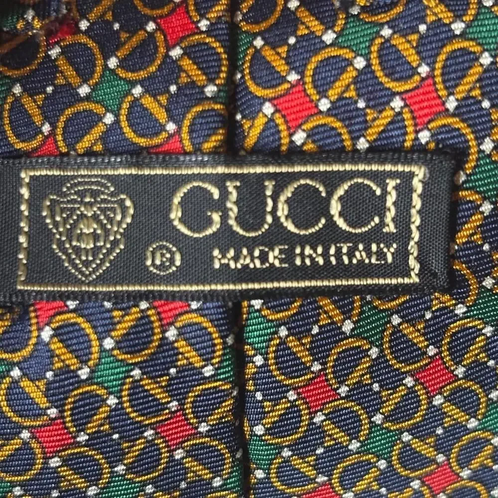 Vintage Gucci Silk Tie Italy Horsebit Stirrup Print Navy Red Green Equestrian